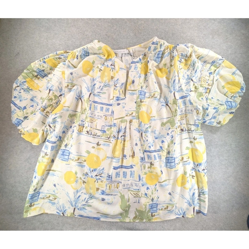 Women's 3X Sugarlips Amalfi Coast Lemon Puff Sleeve Top Blouse Rayon Linen - Picture 4 of 12